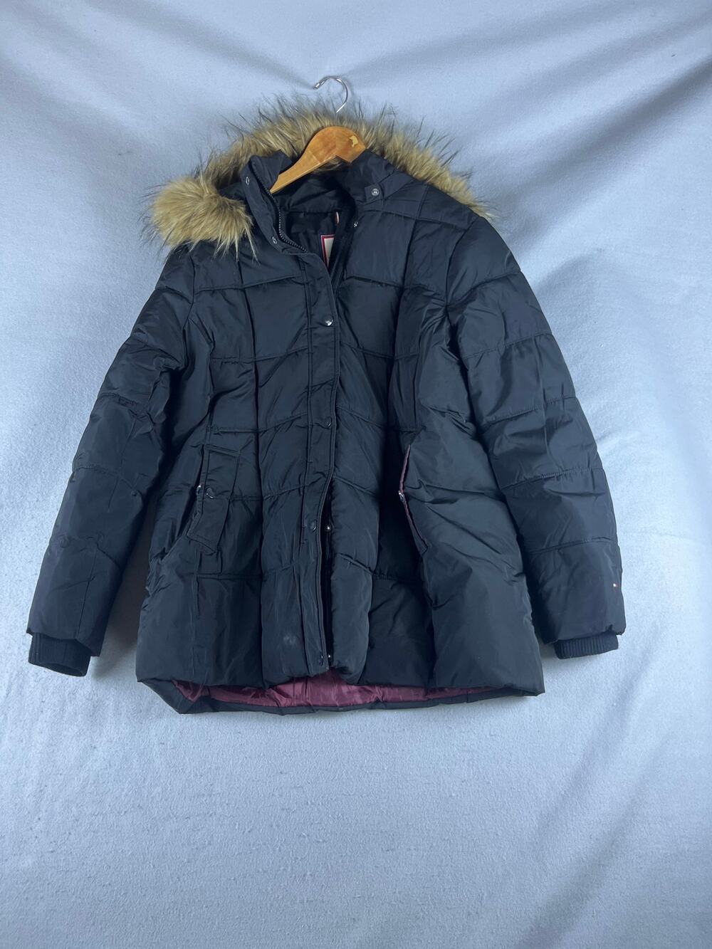 Tommy Hilfiger Parka Jacket Womens XL Black Faux Fur Trim Hood Insulated Puffer